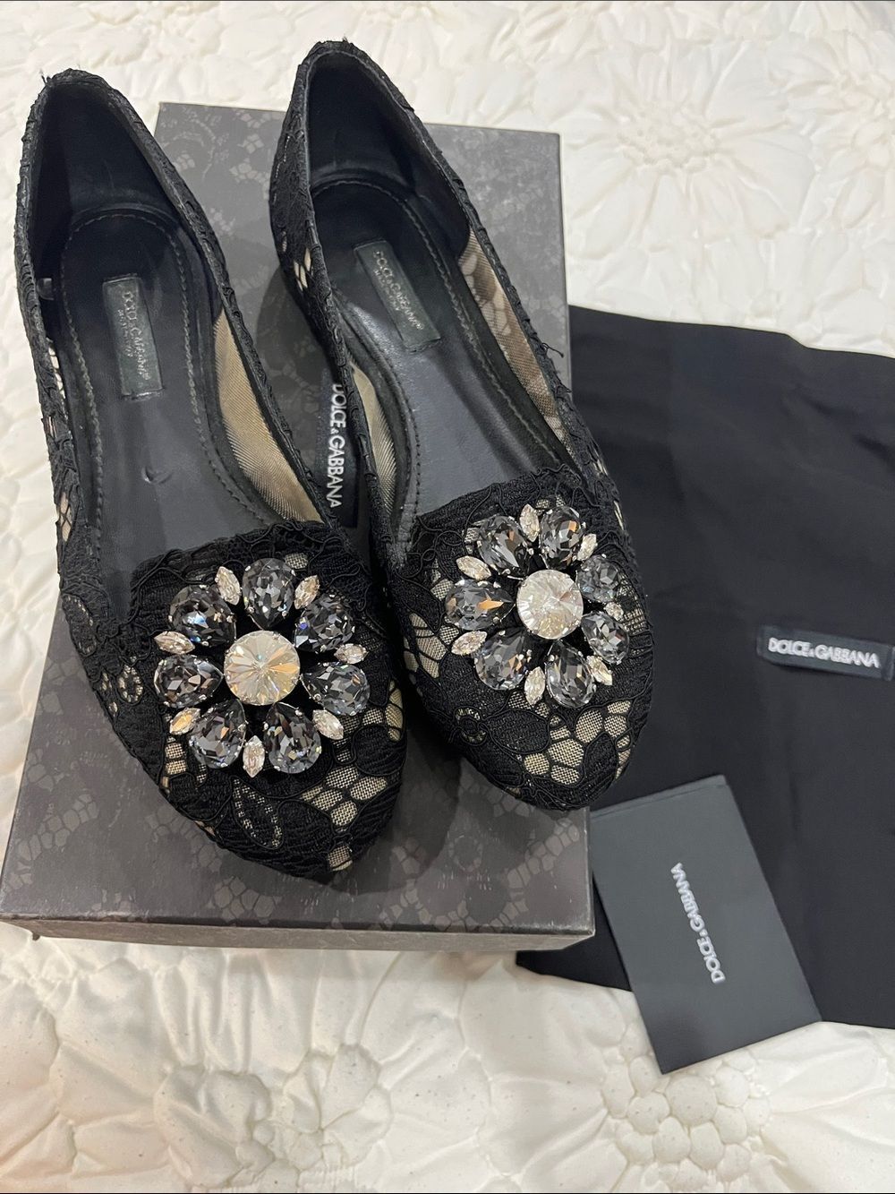 Dolce & Gabbana Black Lace Flats with Crystal Floral Medallions